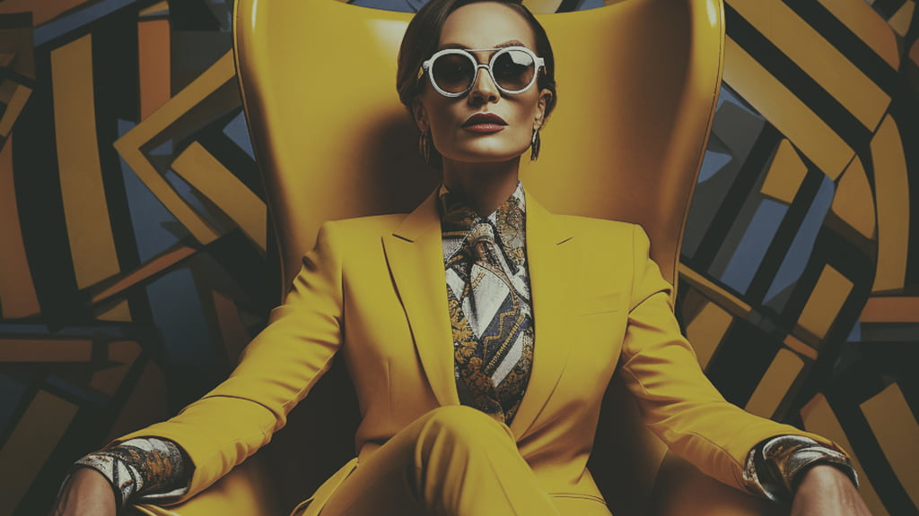 A female figure with round sunglasses and a yellow suit against a geometric backdrop.