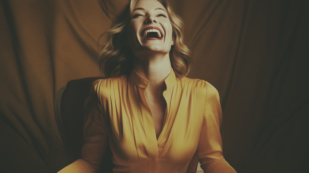 A laughing female figure in a golden suit against a dark background.